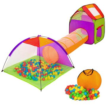 Kindertent met tunnel, 200 ballen en tas - kleurrijk