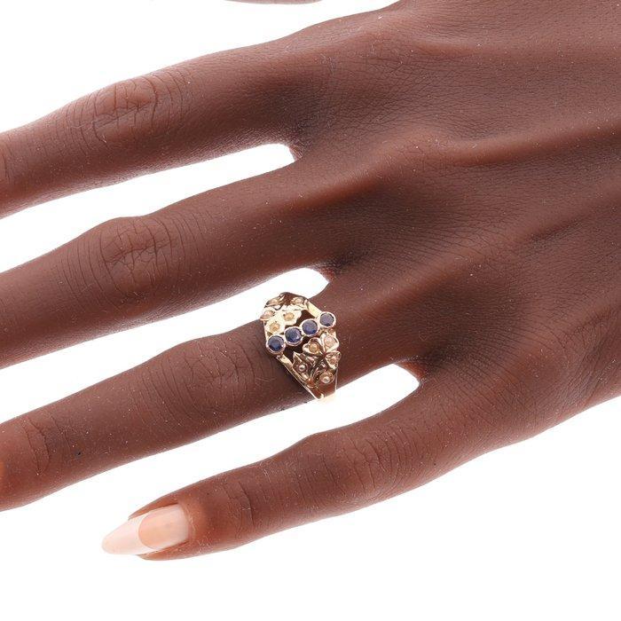 Ring - 18 karaat Geel goud - 0.40ct. tw. Saffier - Parel -, Handtassen en Accessoires, Ringen