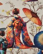 Tissu Geishas et parasols – Élégance japonaise sur fond, Antiek en Kunst