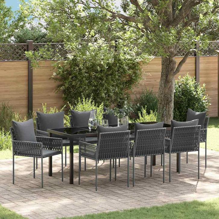 vidaXL Tuin Eettafel Set 9 pcs Zwart en Grijs PE Riet, Tuin en Terras, Tuinsets en Loungesets, Nieuw, Verzenden