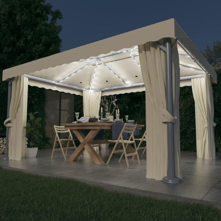 vidaXL Prieel met gordijn en LED-lichtslinger 4x3 m crèmewit, Tuin en Terras, Partytenten, Nieuw, Verzenden