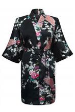 KIMU® Kimono Zwart Kort S-M Yukata Satijn Boven de Knie Kort, Nieuw, Ophalen of Verzenden