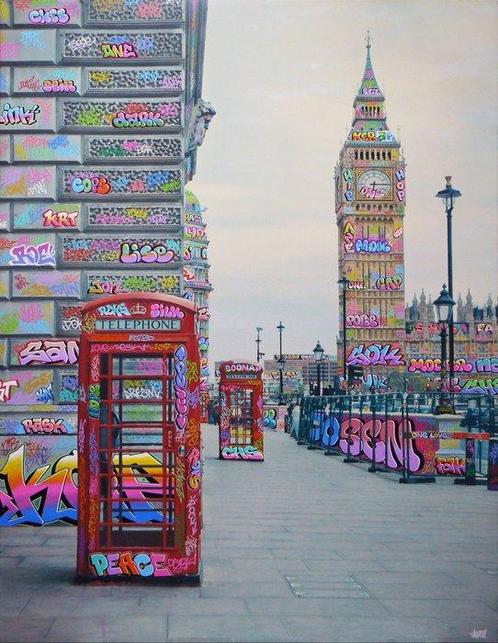 Ches (XX) - Graffiti invasion in London (original work), Antiquités & Art, Art | Peinture | Moderne