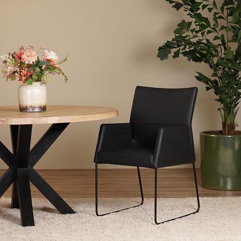 Setvan4zwartlereneetkamerstoelenEls-metarmleuning, Huis en Inrichting, Stoelen, Overige kleuren, Nieuw, Vier, Leer, Ophalen of Verzenden
