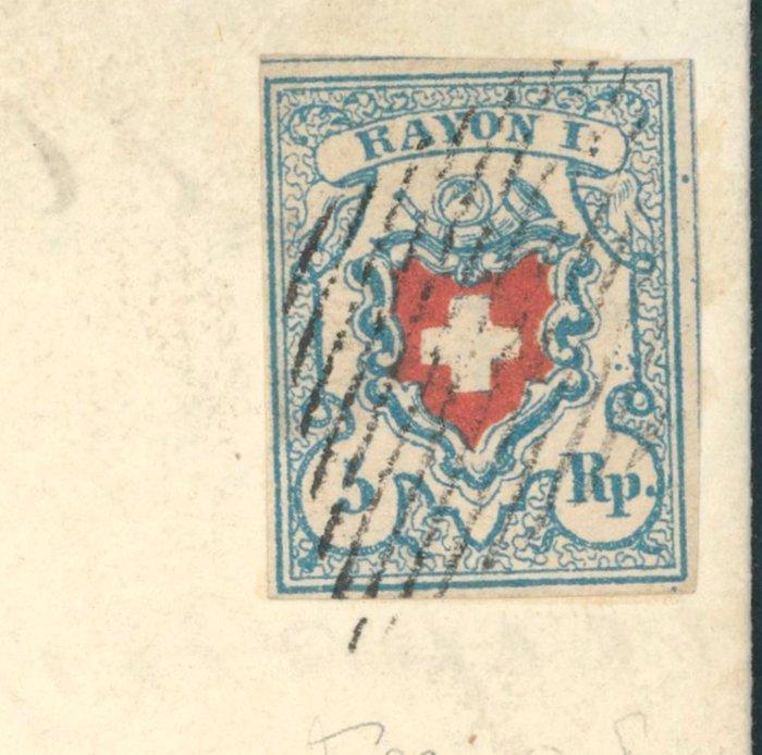 Zwitserland 1851 - Bundespost - 5 Rp blau/rot mit Teilen der, Timbres & Monnaies, Timbres | Europe | Belgique