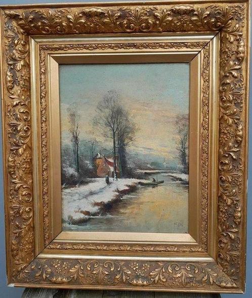 École néerlandaise (XIX) - Winterlandschap naar L.Apol, Antiek en Kunst, Kunst | Schilderijen | Klassiek