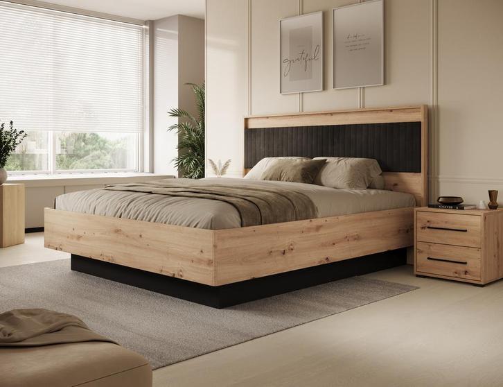 Tweepersoonsbed - Eiken - Zwart 180x200 cm - 2persoons, Huis en Inrichting, Slaapkamer | Bedden, Nieuw, Verzenden