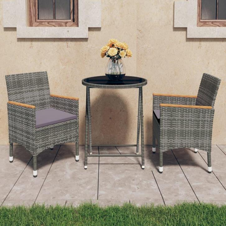 vidaXL 3-delige Bistroset poly rattan en gehard glas grijs, Tuin en Terras, Tuinsets en Loungesets, Nieuw, Verzenden