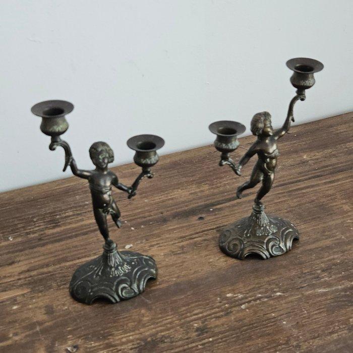 Kaarsenhouder putti (2) - Messing - decoratie, Antiek en Kunst, Curiosa en Brocante