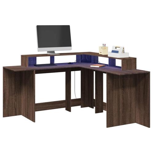 vidaXL Bureau met LED-verlichting 152x152x91 cm hout bruin, Huis en Inrichting, Bureaus, Nieuw, Verzenden