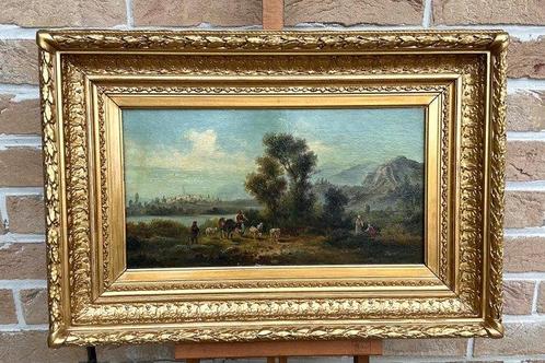 Hollandse School (XIX) - Herders en stad aan de rivier, Antiek en Kunst, Kunst | Schilderijen | Klassiek