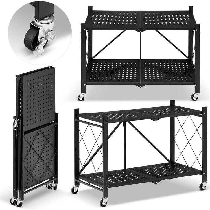 Metalen opbergrek op wielen - opvouwbaar - 2 planken - zwart, Huis en Inrichting, Kasten | Stellingkasten, Nieuw, Ophalen of Verzenden