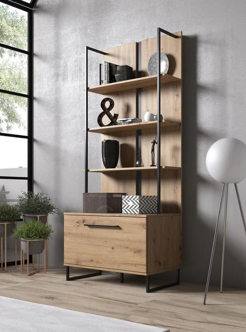 Boekenkast Saturn - Eiken - Zwart - 85x192x42 cm, Huis en Inrichting, Kasten | Boekenkasten, 25 tot 50 cm, Nieuw, 50 tot 100 cm