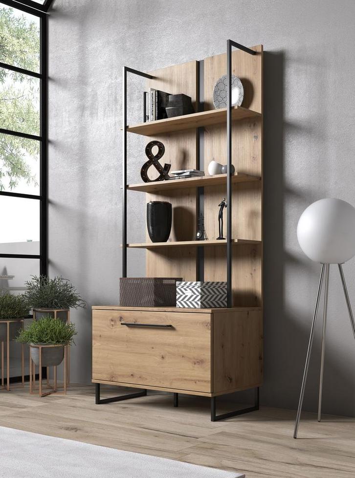 Boekenkast Saturn - Eiken - Zwart - 85x192x42 cm, Huis en Inrichting, Kasten | Boekenkasten, 25 tot 50 cm, Nieuw, 50 tot 100 cm