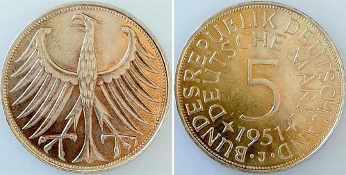 5 Mark Duitsland 5 duitse Mark 1951 J stempelglanz zilver..., Timbres & Monnaies, Monnaies | Europe | Monnaies non-euro, Envoi