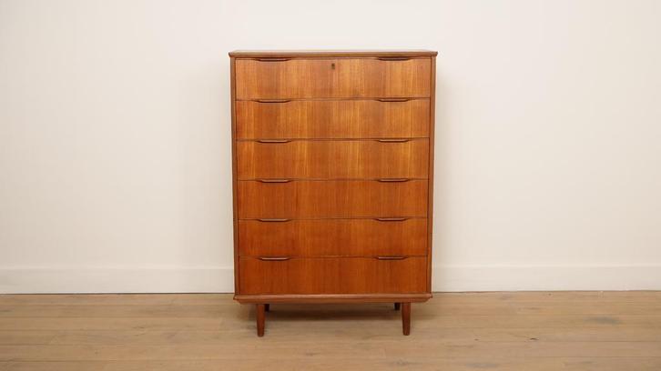 Vintage Deense ladekast | Teak | 6 lades | 121 cm, Huis en Inrichting, Kasten | Ladekasten, Ophalen of Verzenden