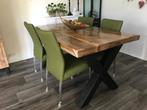 Set van 4 leren eetkamerstoelen - met wieltjes - groen leer, Huis en Inrichting, Stoelen, Overige kleuren, Nieuw, Leer, Ophalen of Verzenden