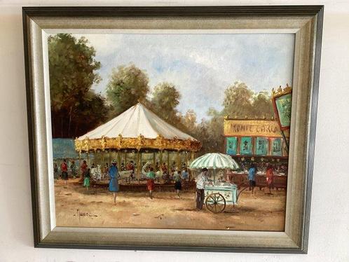 Mulder (XX) - Kermis met bezoekers, draaimolen, ijscokar en, Antiek en Kunst, Kunst | Schilderijen | Klassiek