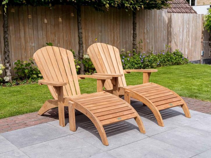 2x Ligstoel Riviera met voetenbankjes AANBIEDING!, Tuin en Terras, Tuinsets en Loungesets, Bijzettafel, Hocker, Stoel, Nieuw, Teakhout