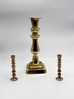 Antique Brass Candlestick Trio – 1 Large with Candle Lift