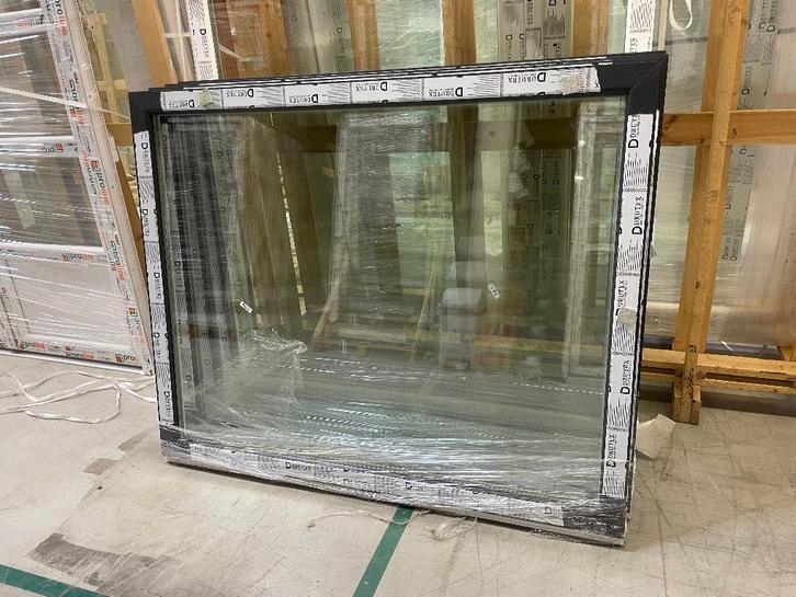 PVC Vast raam B150xH120 Antraciet Houtnerf RAL 7016, Doe-het-zelf en Bouw, Glas en Ramen, Dubbelglas, Nieuw, Gevelraam of Ruit