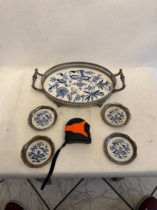Dienblad - antiek keramiek verzilverd dienblad met 4, Antiek en Kunst, Kunst | Designobjecten