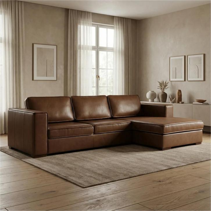 Leren hoekbank Fine - 3 zits + longchair, Maison & Meubles, Canapés | Salons, Enlèvement ou Envoi