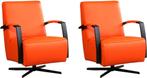 Set van 2 Oranje leren industriële draaistoels - staal zwart, Huis en Inrichting, Fauteuils, Nieuw, Modern, Leer, Ophalen of Verzenden