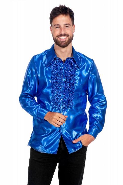 Disco Blouse Ruches Blauw, Kleding | Heren, Carnavalskleding en Feestkleding, Nieuw, Verzenden