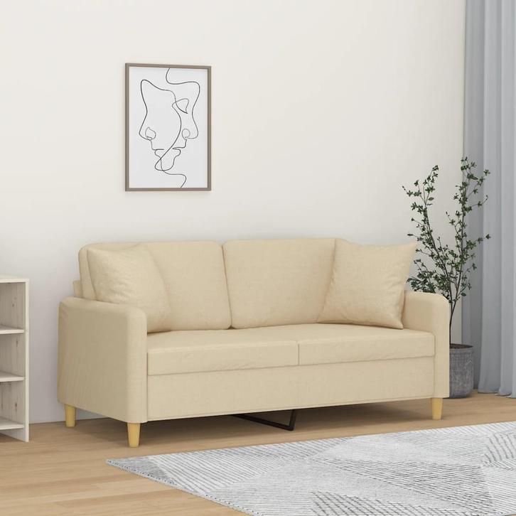 vidaXL Tweezitsbank met sierkussens 140 cm stof crèmekleurig, Huis en Inrichting, Zetels | Zetels, Nieuw, Verzenden