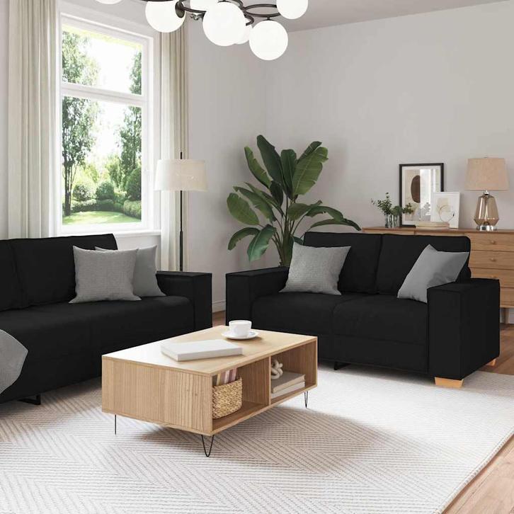 vidaXL Bankstel met kussen 3 pcs Zwart 220 x 78 x 84 cm Stof, Huis en Inrichting, Zetels | Zetels, Nieuw, Verzenden