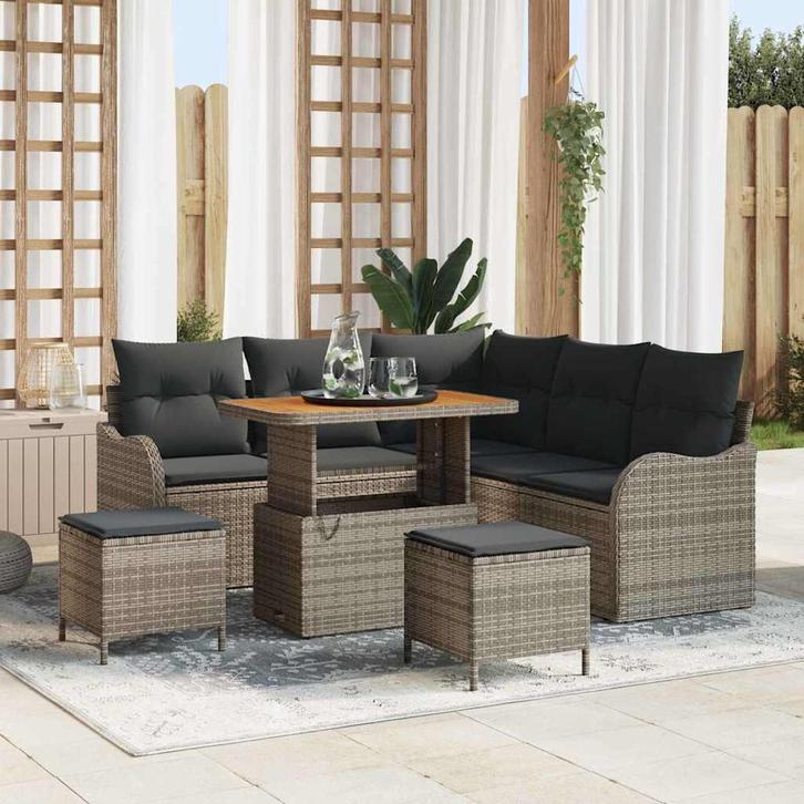 vidaXL Tuinbank Set met kussen 8 pcs Grijs poly rattan, Jardin & Terrasse, Ensembles de jardin, Envoi