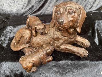 Sculpture, Motherdog with puppies - 25 cm - 15 cm - Bronze