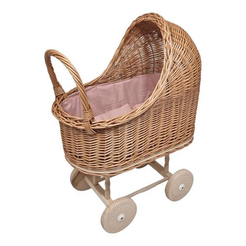 Rieten Poppenwagen met Roze Bekleding, Kinderen en Baby's, Speelgoed | Poppen, Overige typen, Nieuw, Verzenden