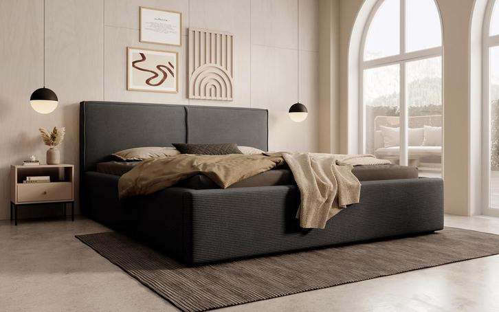 Meubella | Tweepersoonsbed 160x200 zwart ribstof, Huis en Inrichting, Slaapkamer | Bedden, Nieuw, 160 cm, Verzenden