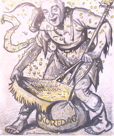 Colijn(?) met een bedelzak op spotprent (lijst optie), Antiek en Kunst, Kunst | Litho's en Zeefdrukken, Verzenden