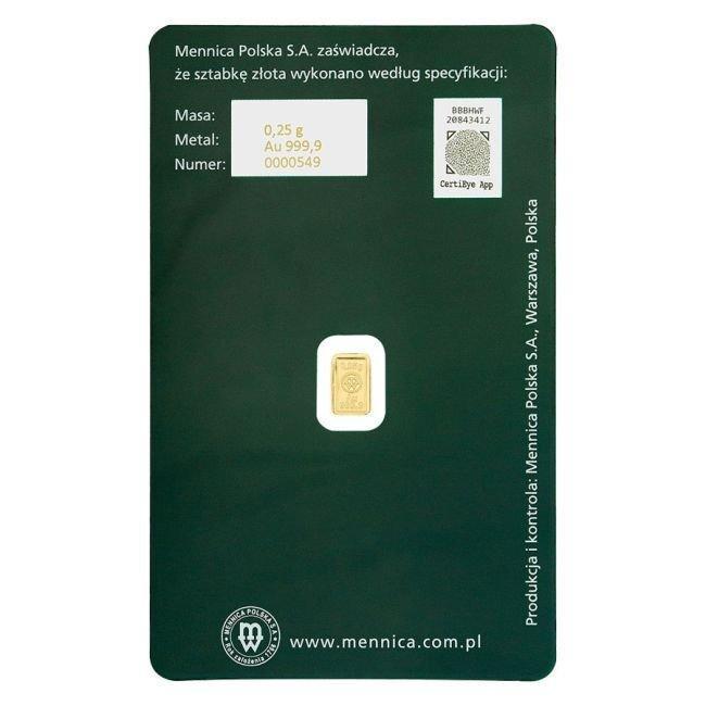 0.25 gram - Goud - .9999 Fine Gold Bar Mint of Poland (In, Postzegels en Munten, Edelmetalen en Baren