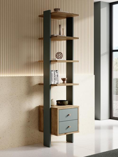 Meubella | Boekenkast groen eiken 44cm | Modern met lades, Huis en Inrichting, Kasten | Boekenkasten, 25 tot 50 cm, Nieuw, Minder dan 50 cm