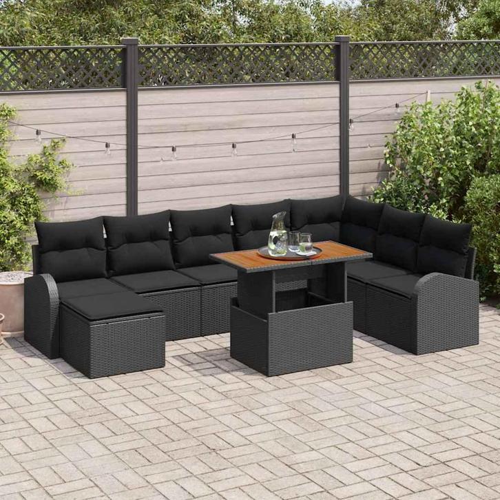 vidaXL Tuinbank Set 9 pcs Zwart Poly riet, poedercoated, Tuin en Terras, Tuinsets en Loungesets, Nieuw, Verzenden