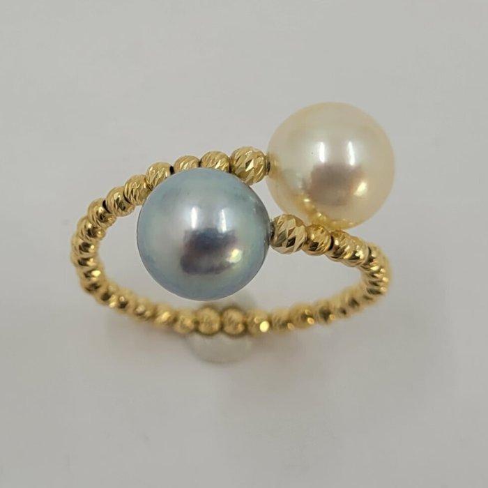 Ring - 18 karaat Geel goud - 8x8,5 mm Akoya parels, Handtassen en Accessoires, Ringen