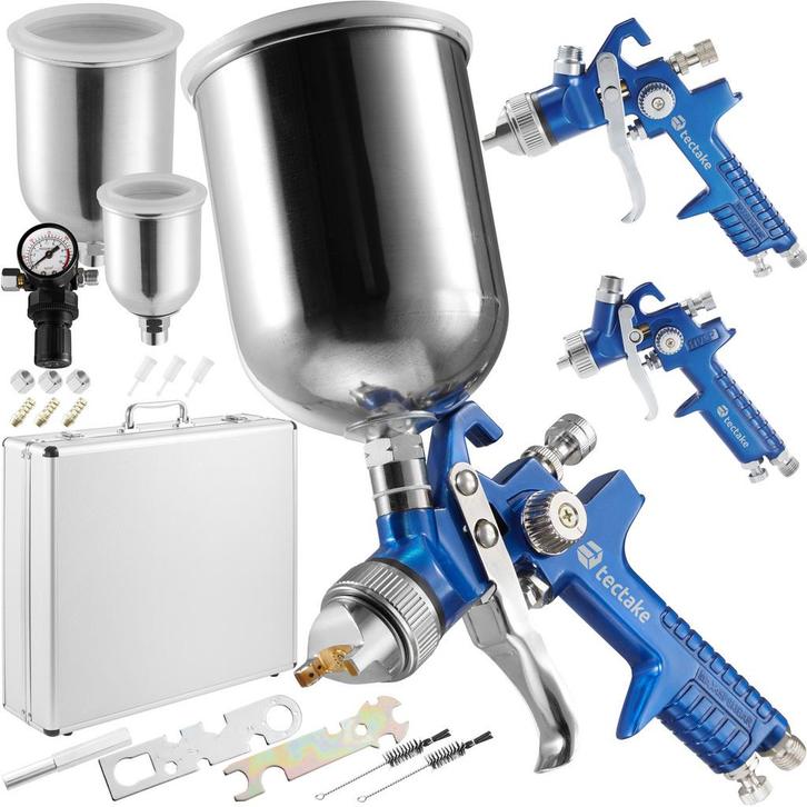 tectake 3 HVLP Lakpistolen (0,8+1,3+1,7mm spuitmond) - blauw, Auto diversen, Onderhoudsmiddelen, Verzenden