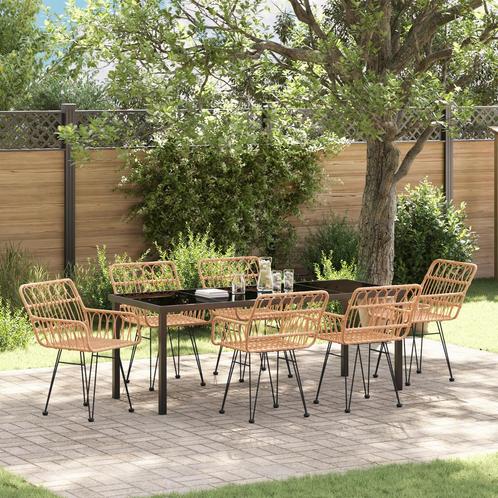 vidaXL 7-delige Tuin Eettafel Set Bruin Poly Rattan, Tuin en Terras, Tuinstoelen, Nieuw, Verzenden