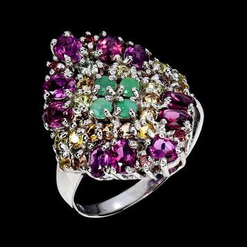 Zonder Minimumprijs - Ring Zilver Granaat - Smaragd - fancy
