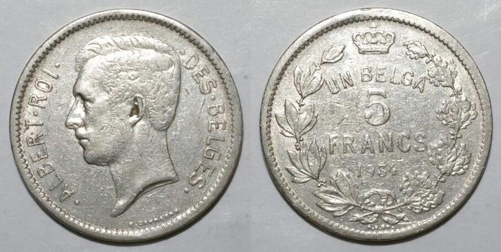 Belgique Belgie Km 97 5 Francs 1934 Kant A Albert 1 Franz..., Timbres & Monnaies, Monnaies | Europe | Monnaies non-euro, Envoi