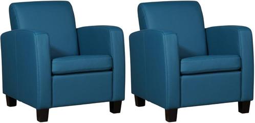 Set van 2 Blauwe leren landelijke stoels - poot hout bruin -, Huis en Inrichting, Fauteuils, 50 tot 75 cm, 75 tot 100 cm, Nieuw