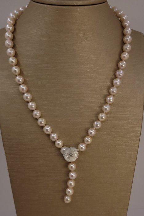 Halsketting 8x8,5 mm Bright Akoya parels, Zilver, Handtassen en Accessoires, Kettingen