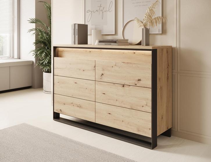 Meubella | Ladekast eiken 133 cm | met LED | 6 lades, Maison & Meubles, Armoires | Autre, Envoi