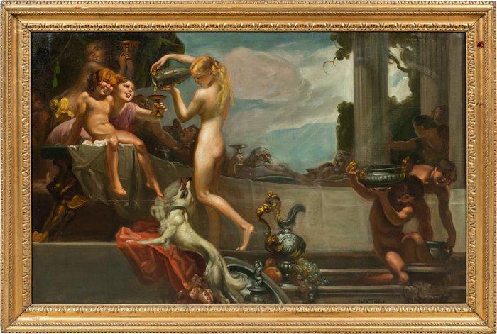 Mattia Traverso (1885-1956) - Large banquet scene with, Antiquités & Art, Art | Peinture | Classique