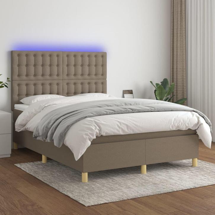 vidaXL Boxspring met matras en LED stof taupe 140x200 cm, Maison & Meubles, Chambre à coucher | Lits, Envoi
