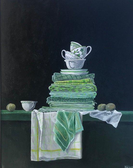 Willie Manders - Keukengoed in groen kleurenpalet, Antiek en Kunst, Kunst | Schilderijen | Modern